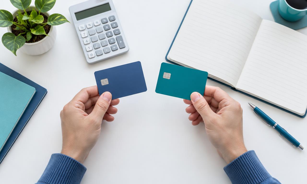 Two plain payment cards beside a calculator and notebook